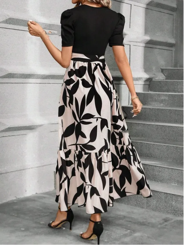 Vestido Casual Longo com Estampa Floral, Top com Recortes e Cinto na Cintura para Mulheres