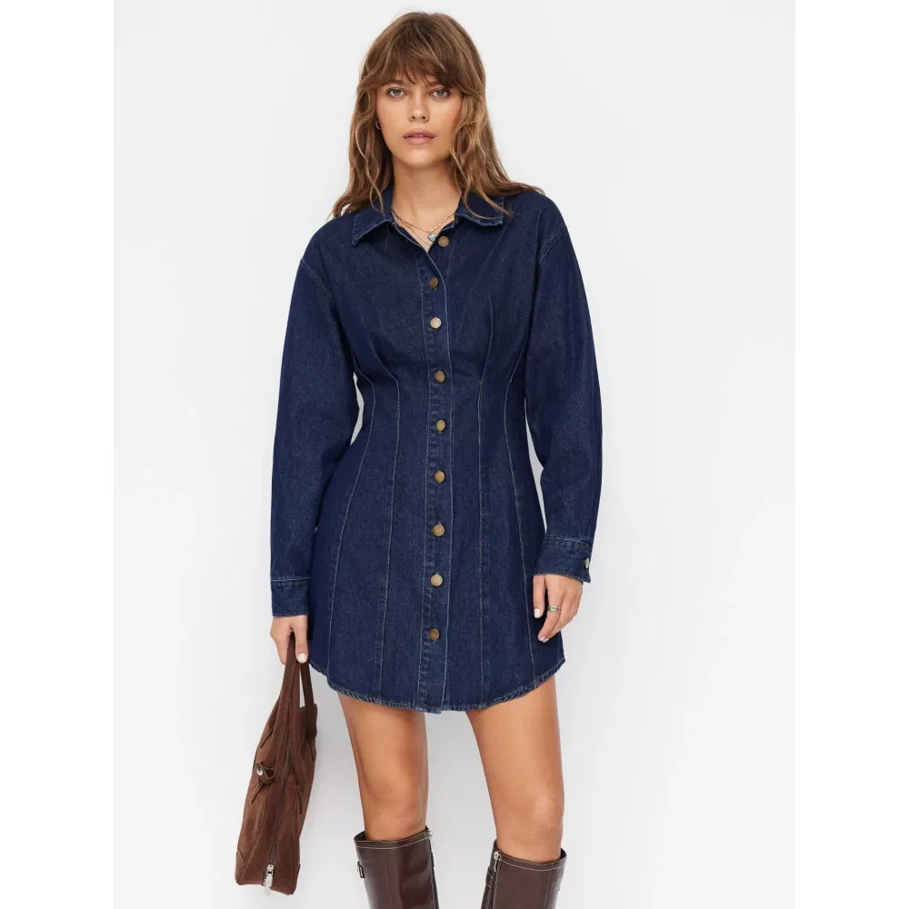 Vestido de Camisa de Denim Feminino de Qualidade Luxuosa para Primavera e Outono com Gola Lapel, Mini Plissado, Manga Longa, Casual de Negócios para Trabalho e Escritório