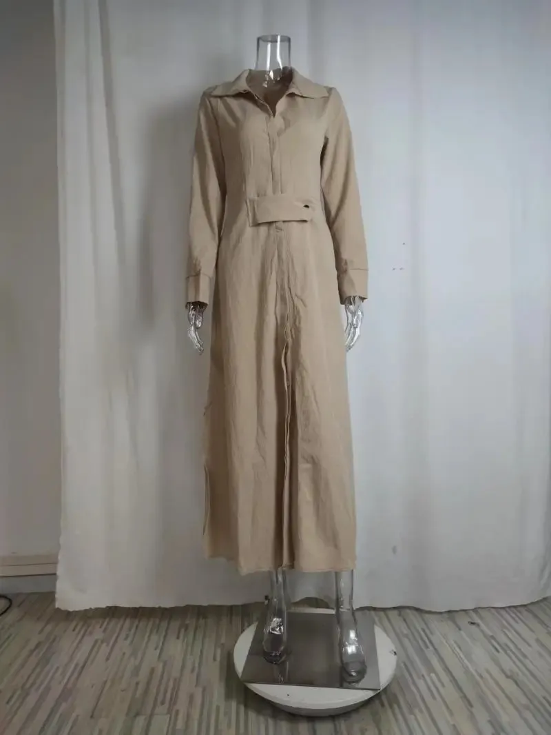 Vestido Feminino Elegante Manga Longa Lazer Cor Sólida Decote em V Sexy