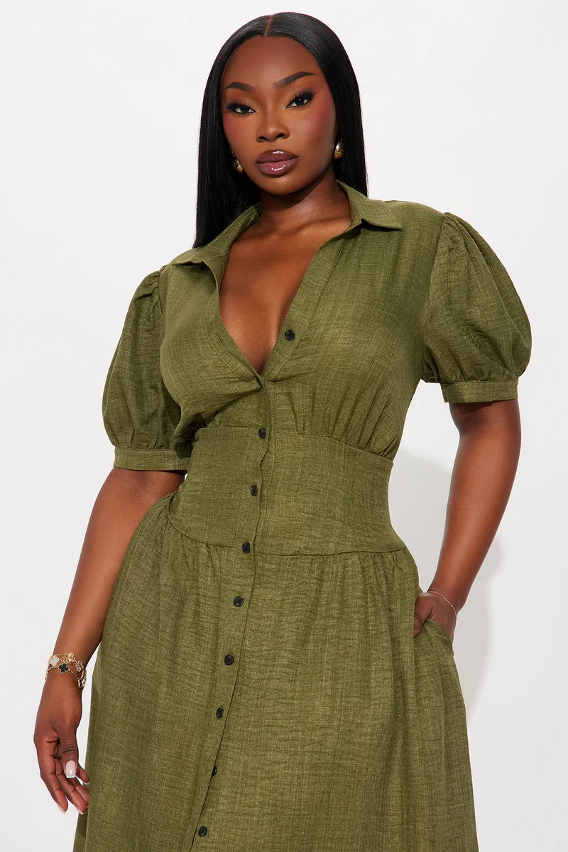 Vestido Maxi Longo de Linho Verde Oliva com Mangas Puff para Mulheres, Gola, Cintura Alta, Botões Frontais, Fenda Lateral, Look Casual de Verão