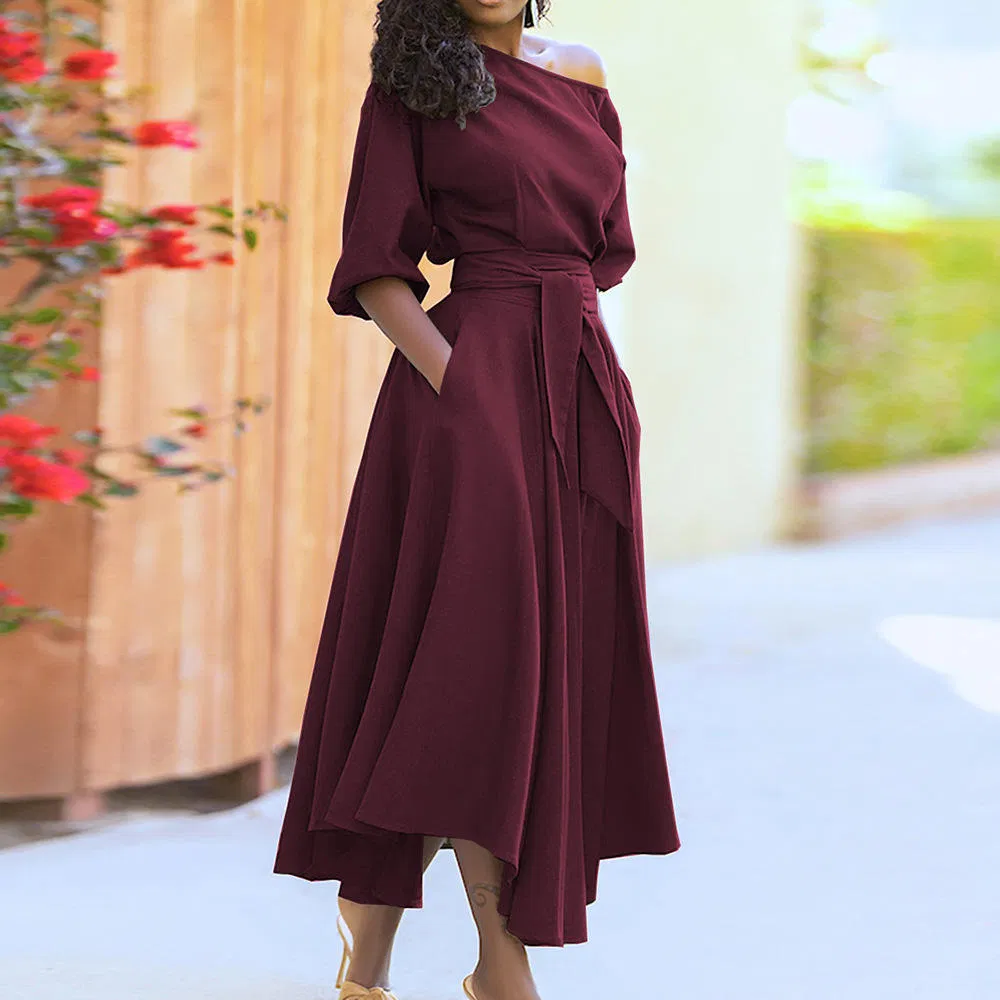Vestido Casual de Malha Feminino Outono Inverno Vestido Feminino Simples Slim com Cinto na Cintura em Cor Sólida