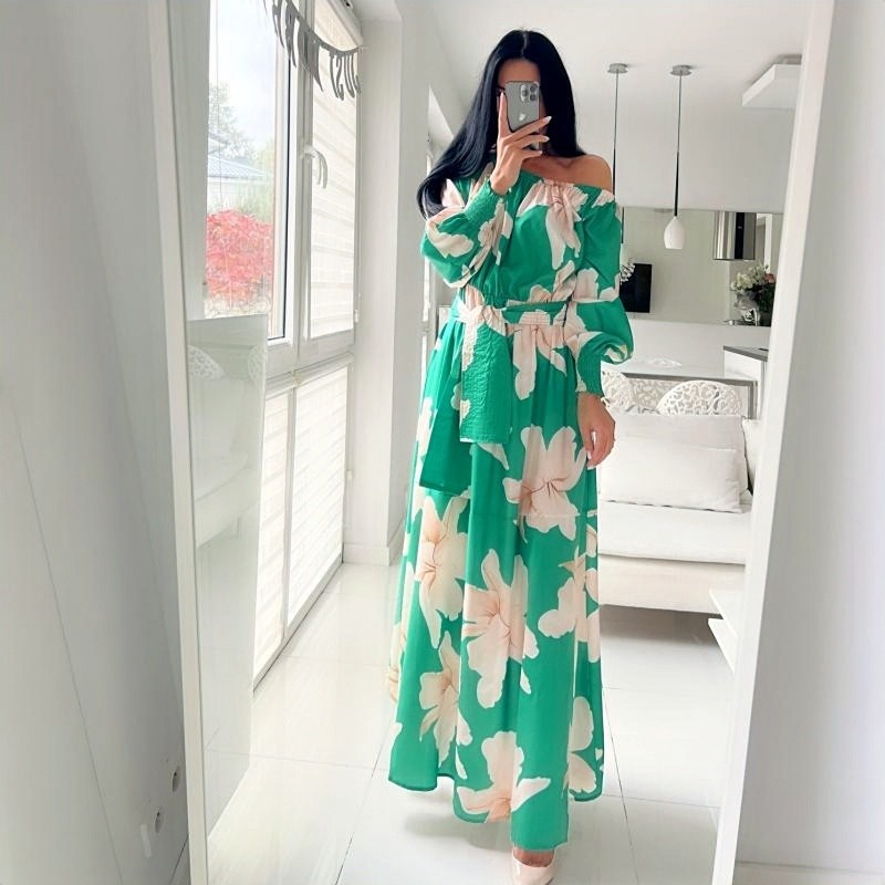 Fabricante de Roupas Personalizadas Vestido Elegante Floral com Ombro Inclinado Manga de Lanterna Vestidos Casuais para Mulheres