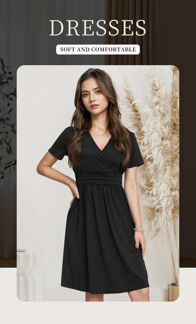 Vestido Casual de Manga Curta, Solto, Decote em V, Envolvente, Comprimento até o Joelho