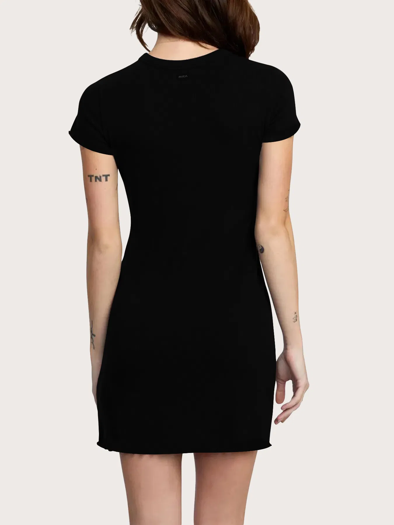 Vestido Simples Sólido, Casual com Gola Redonda, Manga Curta, Mini Vestido Preto