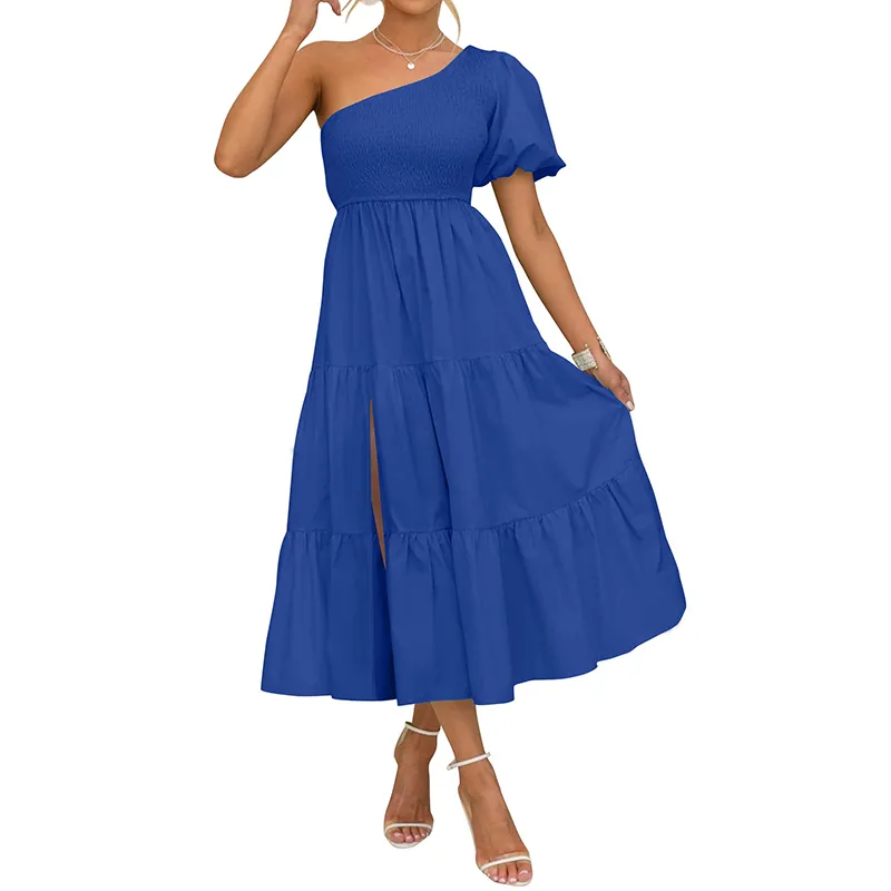 Novo Vestido Casual de Verão Boho para Mulheres, Um Ombro, Manga Curta, Com Pregas, Fenda Lateral, Renda, Estilo Solto
