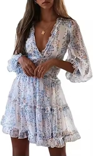 Vestido Casual de Manga Longa em V A-Line Boêmio para o Verão com Saia Curta