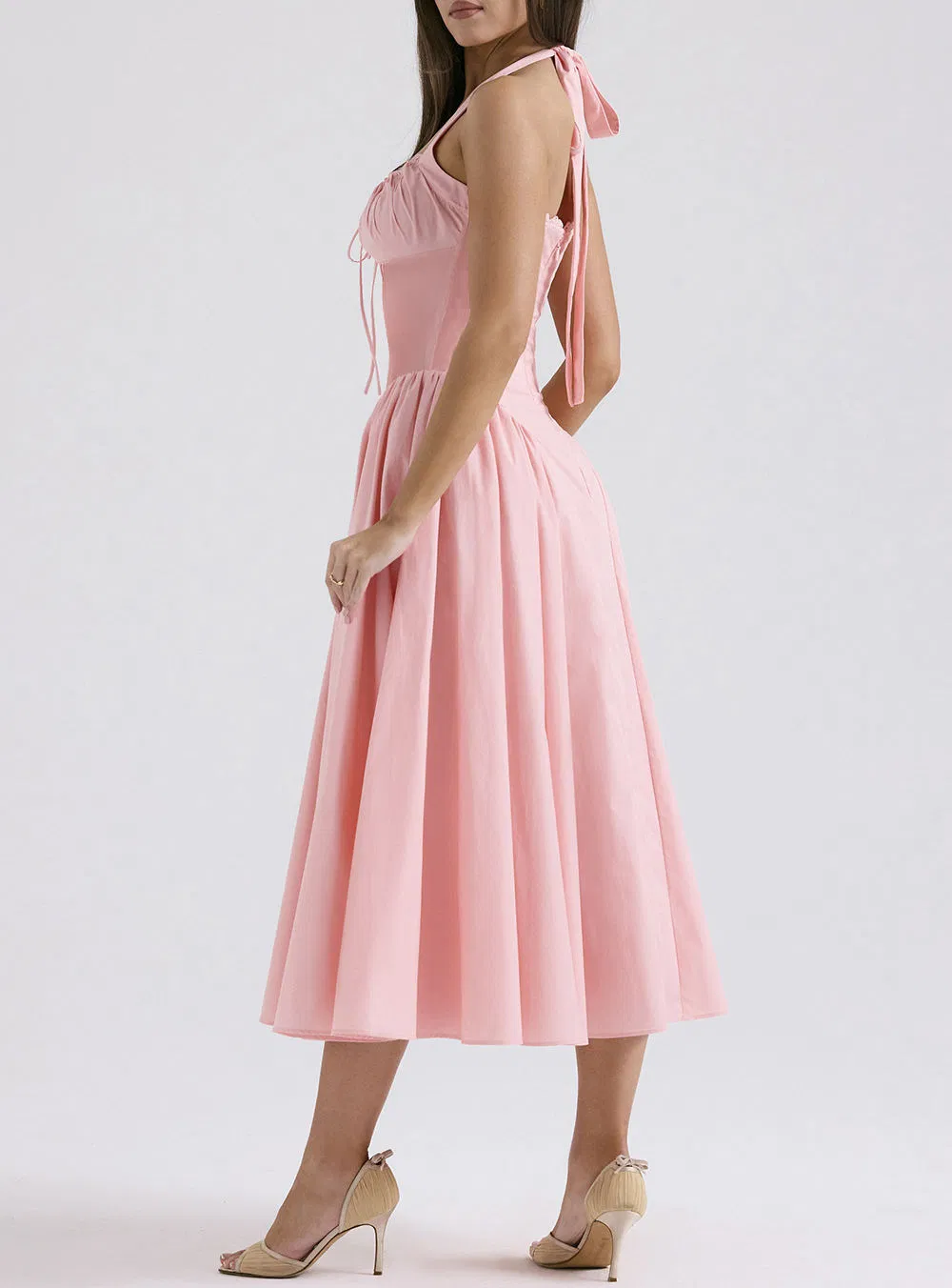 Preço de Fábrica Vestido MIDI de Algodão Rosa Feminino com Decote Halter Vestido Elegante para Noite Casual Festa Personalizável OEM/ODM Todos os Tamanhos Disponíveis