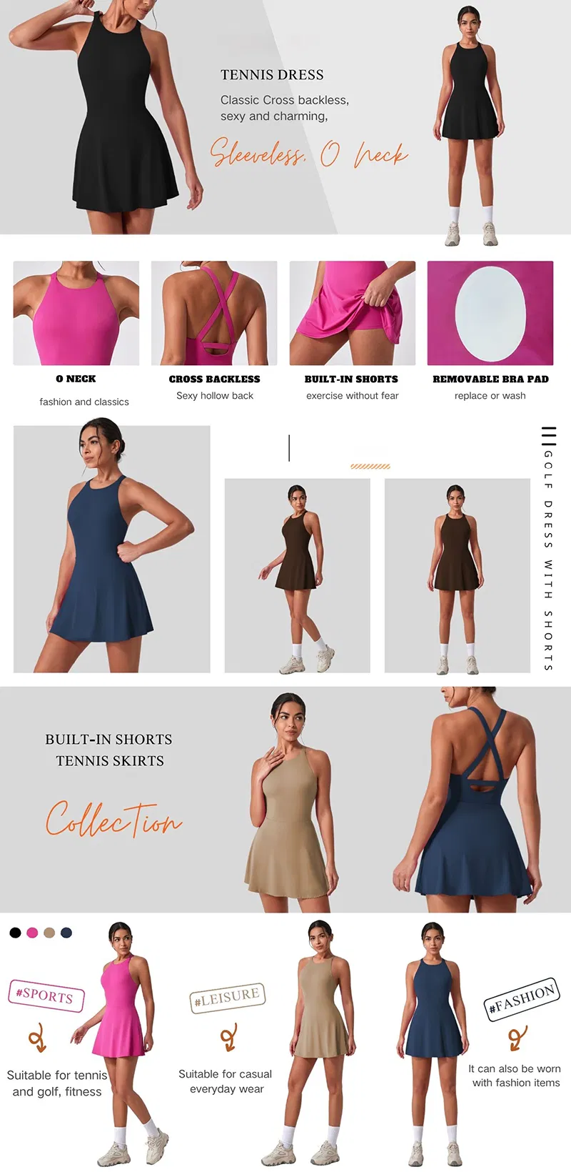 Vestidos de Tênis com Costas Cruzadas de Novo Design com Shorts e Sutiã Embutidos
