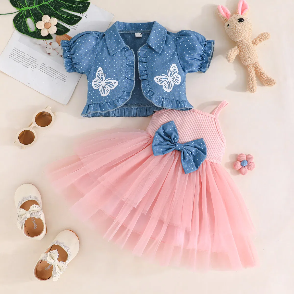 Conjuntos de Roupas de Bebê Vestido para Menina Casual Jaqueta Cowboy de Manga Curta Vestido de Malha com Flores Vestidos para Meninas