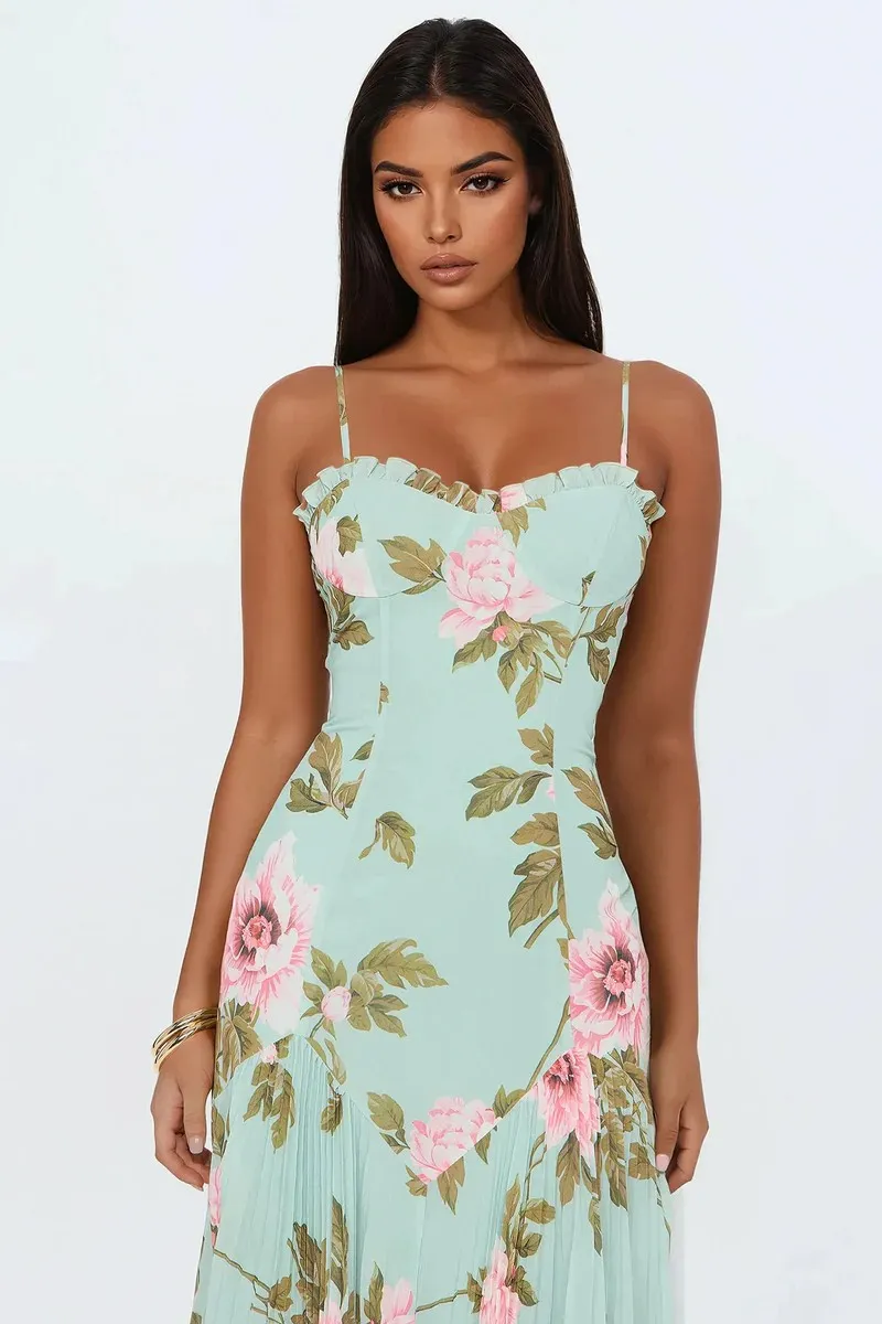 Vestido midi de alças finas com estampa floral em verde menta
