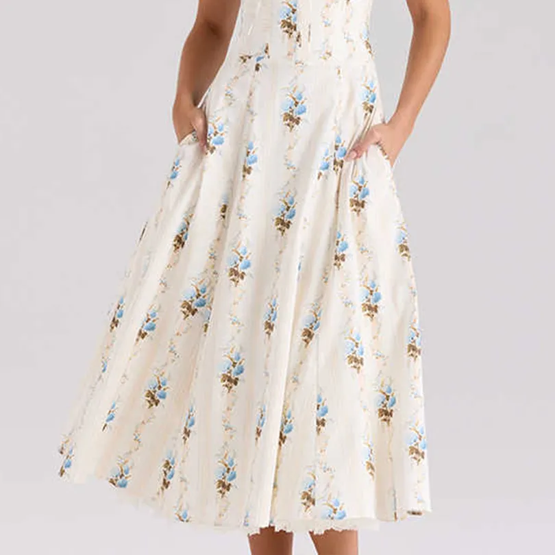 Casual Slip Dress Cream Floral Print Cotton Corset MIDI Dress