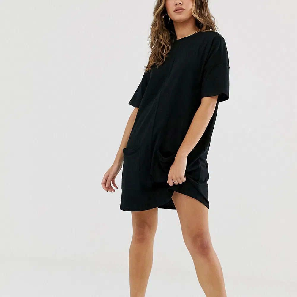 Vestido Casual de Verão Feminino Estilo Camiseta Elástica Solta com Bolso
