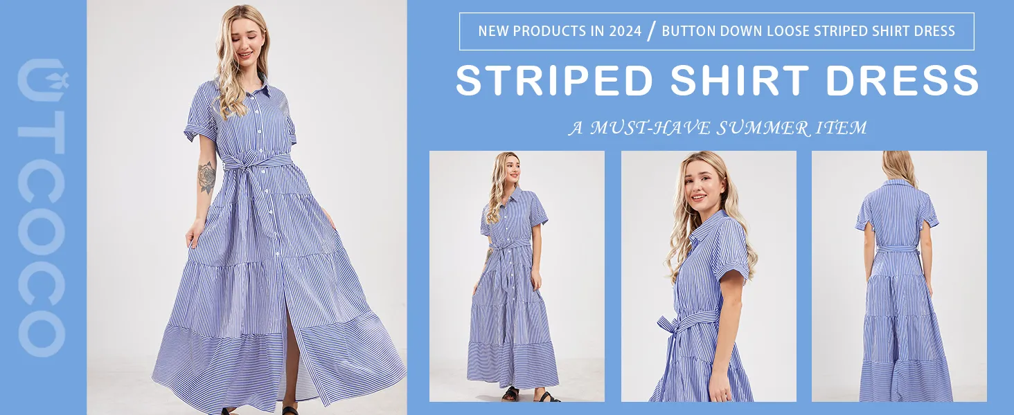Vestido Blusa Listrada de Manga Longa com Botões na Cintura e Renda para Mulheres