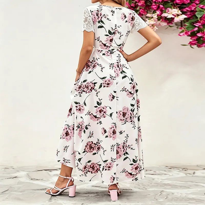 Vestido Maxi Floral para Mulheres com Decote em V, Renda, Mangas Curtas, Falso Dois Peças, Fenda Longa, Vestido Casual de Verão para Convidadas de Casamento, Vestido de Praia