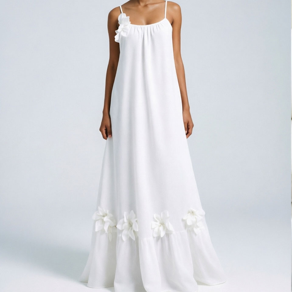 Vestido Floral Elegante para Mulheres Primavera Verão Casual Decote Redondo Manga Longa Elegante Alça de Espaguete Solto Cor Sólida 3D Vestido de Flores Vestido