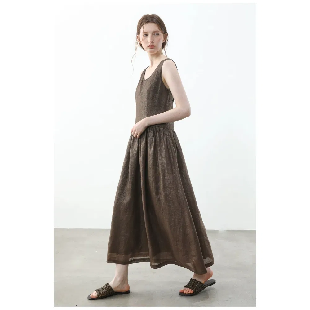 Vestido Maxi Sem Mangas de Linho com Glitter Dourado Personalizado OEM da China, Decote Quadrado Francês, Corte A, Casual para Trabalho no Escritório, Atacado de Verão para Mulheres