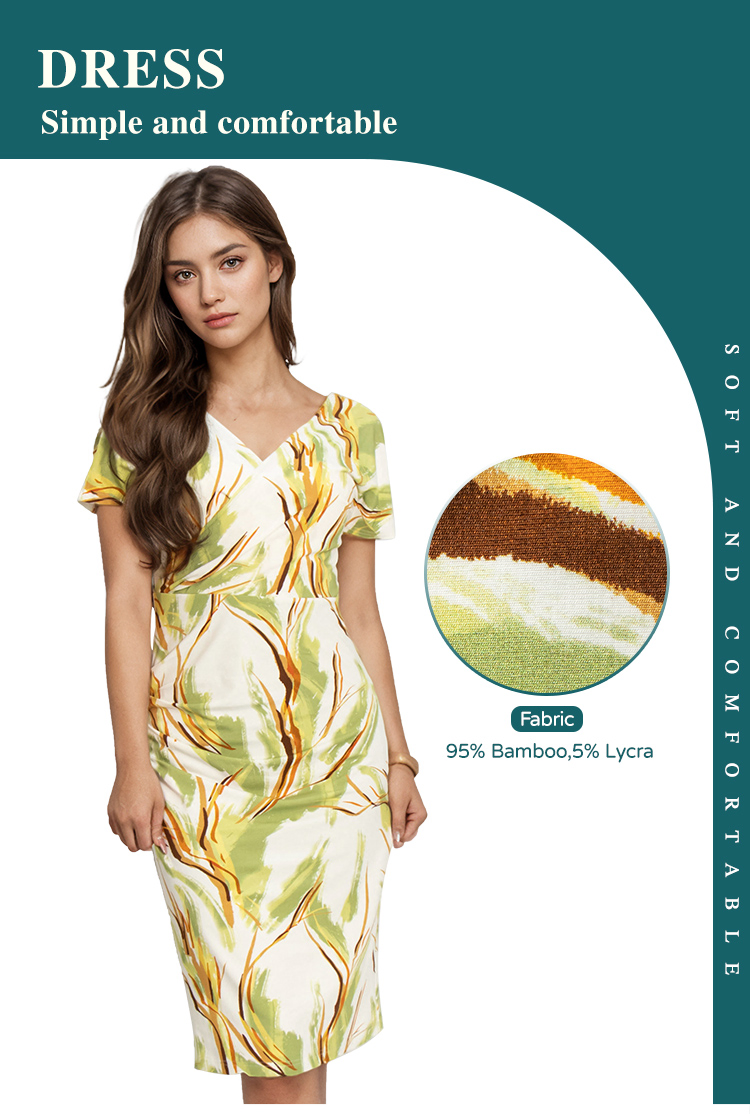 Vestido Justo Impresso de Manga Curta Casual com Decote em V