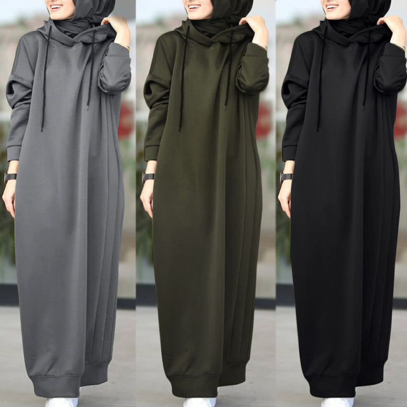 Vestido longo de moletom casual oversized de algodão para mulheres, plus size, com capuz, atacado