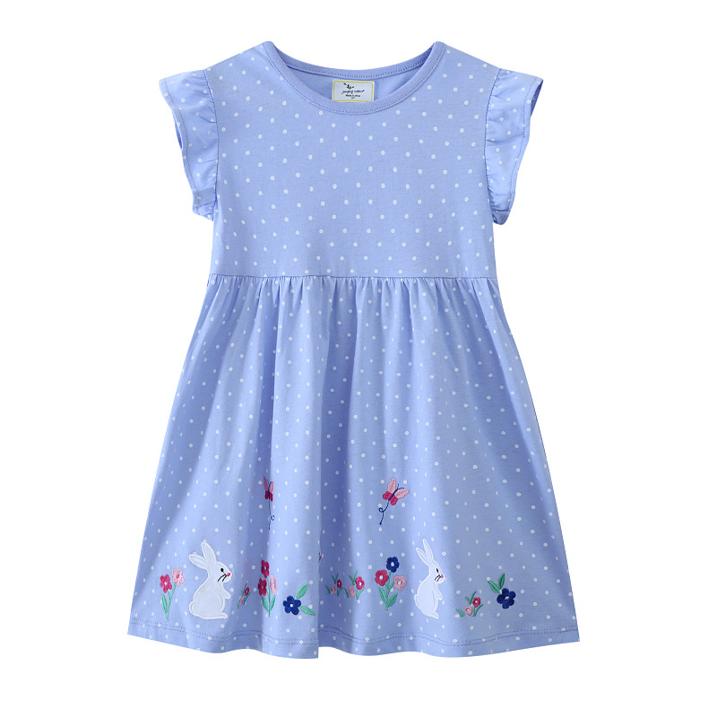 Vestido Infantil Estilo Europeu e Americano com Mangas Curtas em Algodão Puro, Tricotado, Bordado, Saia Casual de Princesa