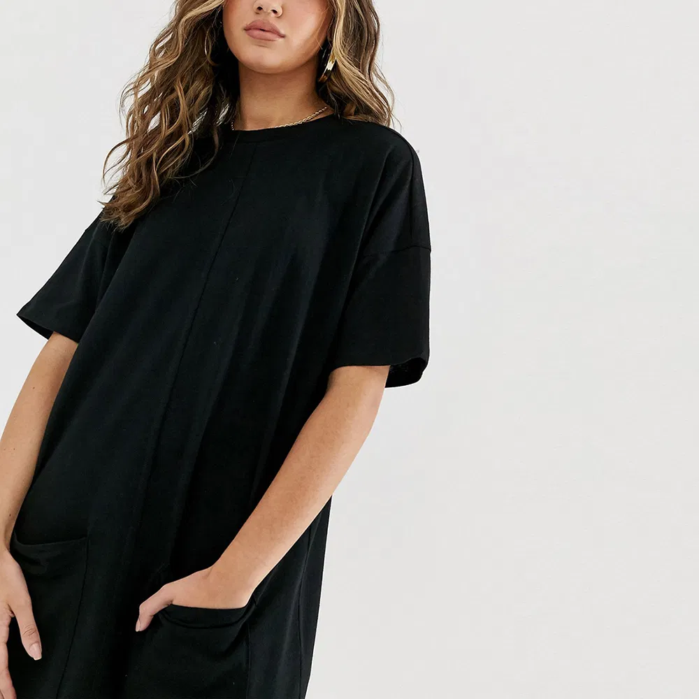 Vestido Casual de Verão Feminino Estilo Camiseta Elástica Solta com Bolso