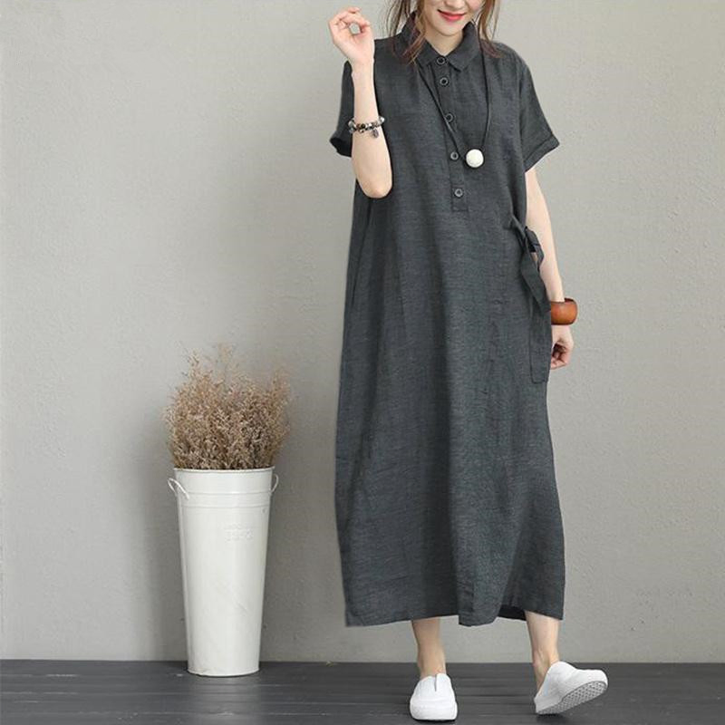 2023 Vestido Casual de Verão para Mulheres com Gola, Laço, Manga Curta, Camiseta de Algodão e Linho em Corte A