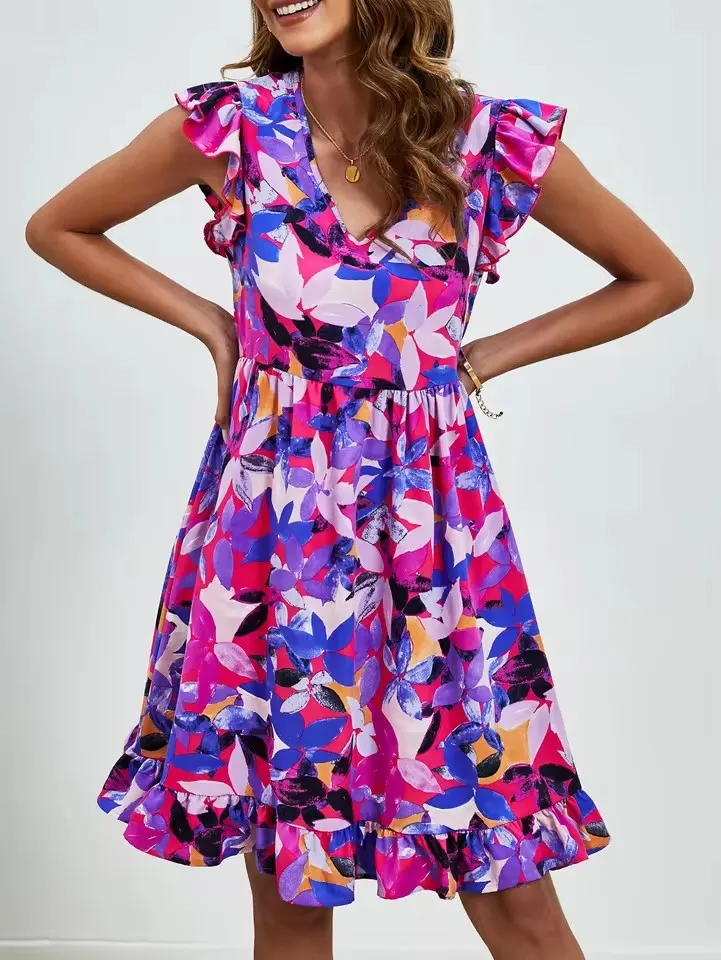 Vestido Casual Midi Feminino de Verão com Padrão de Folhas em Poliéster de Alta Qualidade, Decote em V, Com Babados, Mangas Curtas, Solto na Cintura, Estilo de Férias