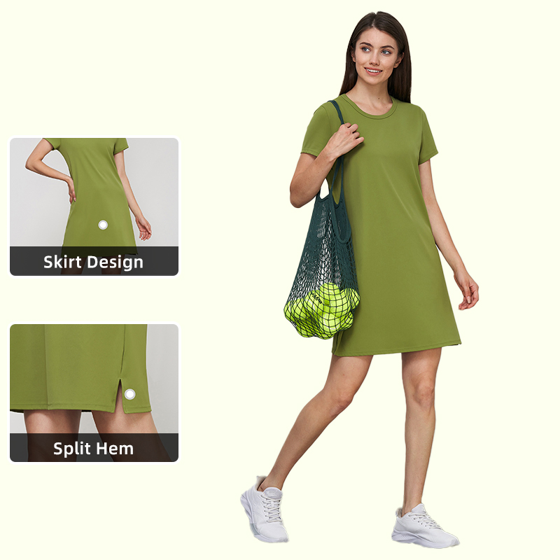 Vestido Esportivo Casual Adulto de Yoga por Atacado para Mulheres, Novo Vestido Esportivo Respirável de Verão com Fenda Lateral, Vestido Solto para Atividades Físicas, Vestido Casual para Treino