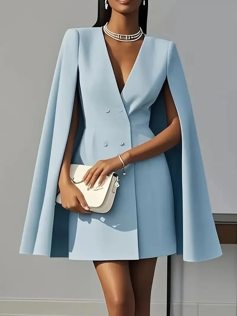 Vestido de Blazer Sólido para Mulheres, Comutador, Escritório, Dupla Frente, Cintura, Festa, Elegante, Decote em V, Manga de Capa, Roupas Femininas, Vestido Casual MIDI