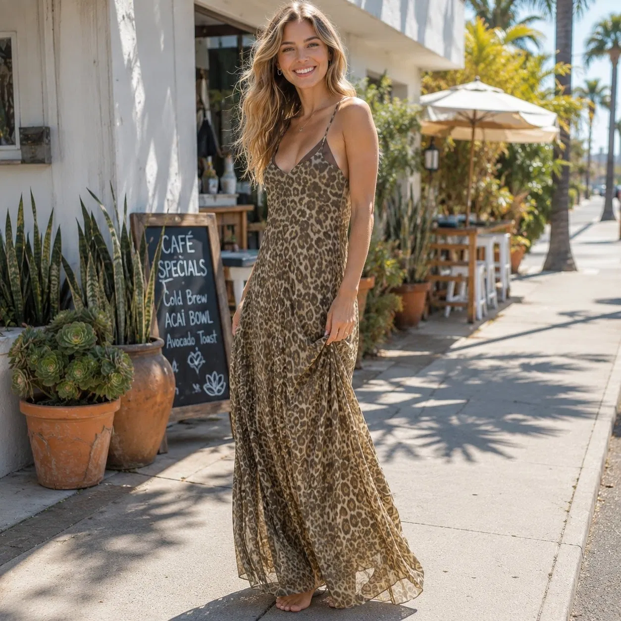 Vestido Maxi Slip Clássico com Estampa de Leopardo Marrom para Mulheres, Decote em V Profundo, Alça de Espaguete Ajustável, Costas Descobertas, Vestido Flowy para Casamento na Praia, Convidada, Cor Personalizada Atacado