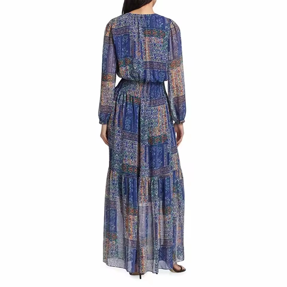 Fabricante Vestido Maxi V-Neck Casual Boho Vintage com Botão Frontal e Cintura Elástica Estampado para Mulheres Retro Chic