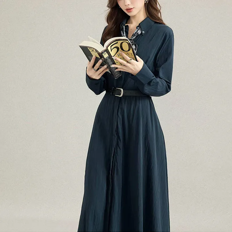 Camisa de vestido de manga longa ajustada estilo polo coreano para negócios casuais