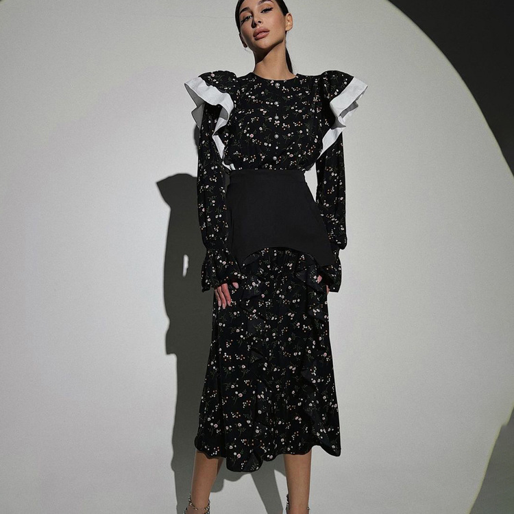 Estilo de Design Primavera e Outono Vestido de Manga Longa Cinto Removível Casual Floral Vestido Longo para Mulheres