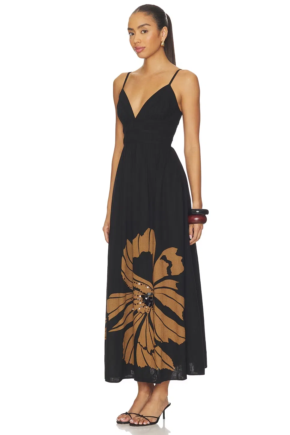 Vestido Midi de Vacança com Alças Finas, Decote em V, Cintura Ajustada, Floral Preto e Marrom, Feminino, OEM