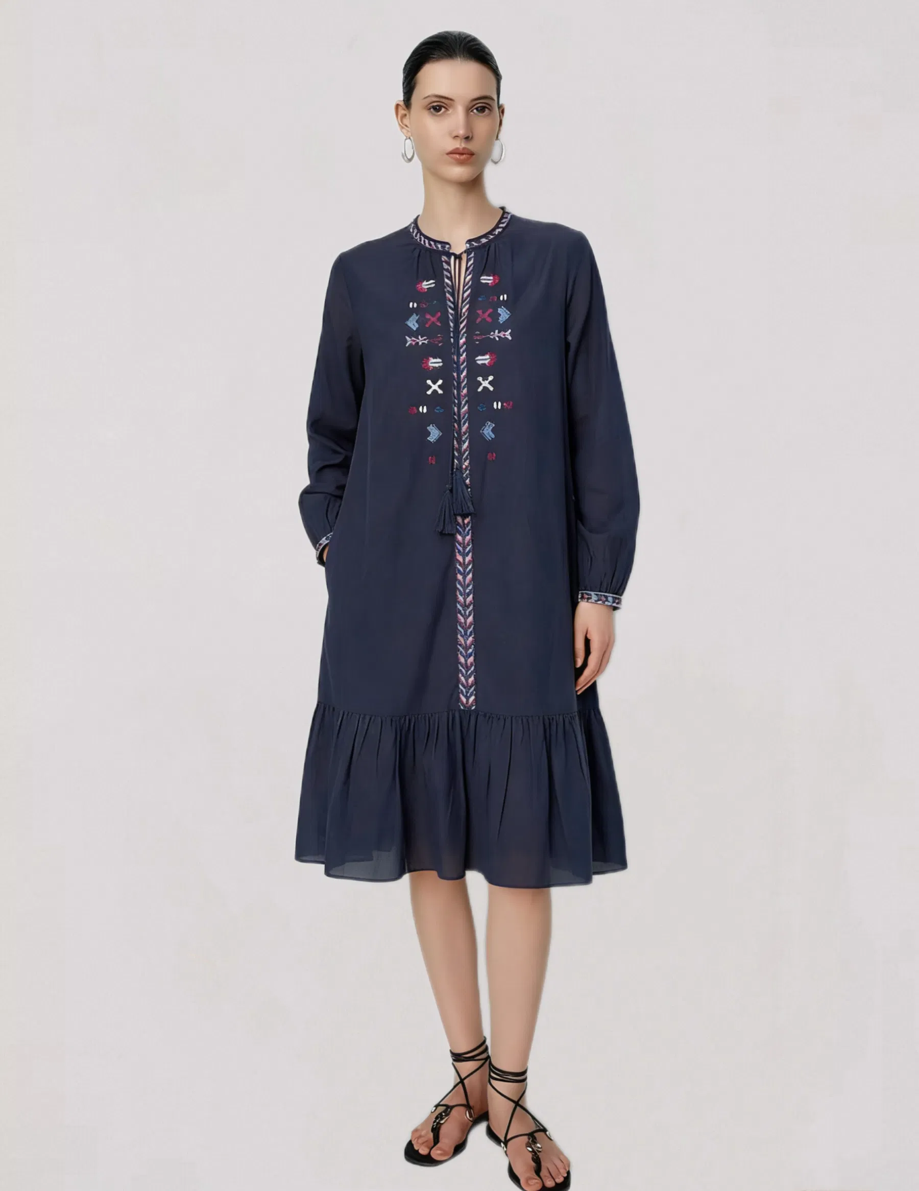 Vestido Casual Elegante de Manga Longa para Mulheres com Bordado de Fábrica OEM
