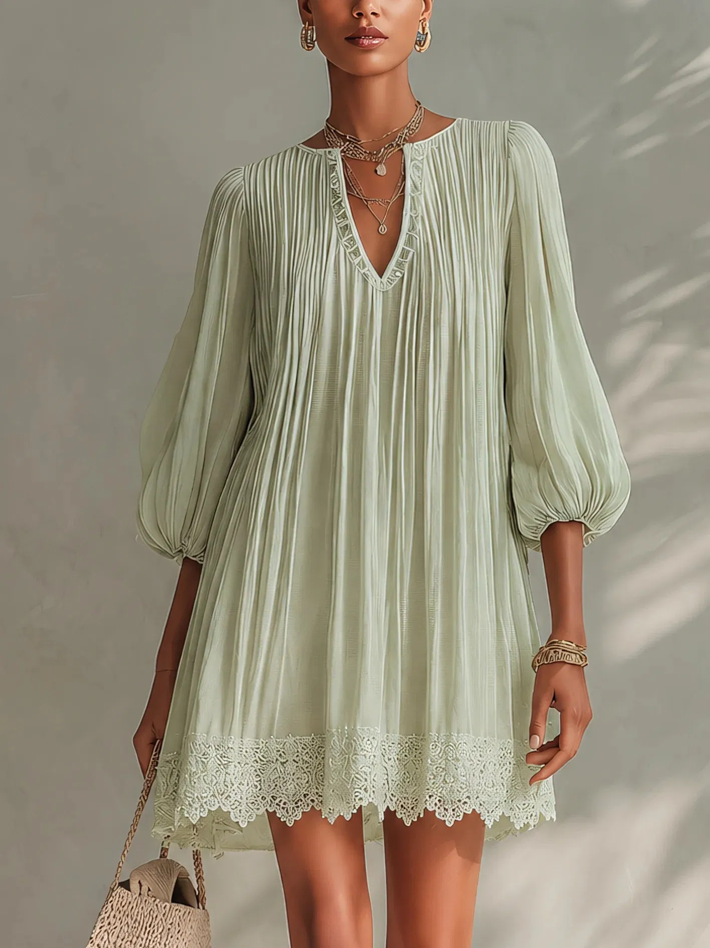 Vestido Mini de Manga Bufante com Decote em V e Barra de Renda Plissada Verde Claro, Vestido Casual Boêmio para Férias
