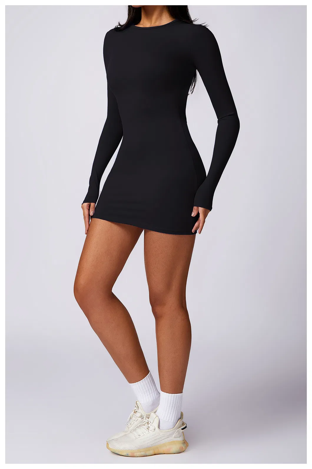 Vestido mini casual de manga longa com decote redondo para mulheres