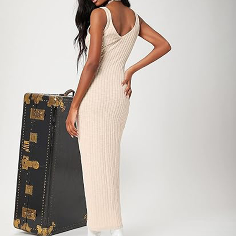 Vestido Midi Justo Feminino Sexy em Malha Canelada com Decote em V Casual Sem Mangas
