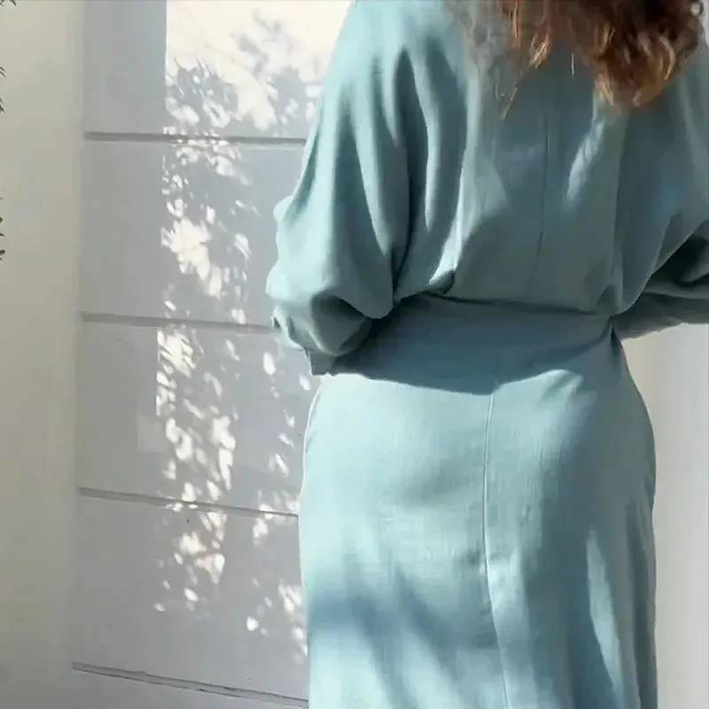 Vestido Feminino Elegante Manga Longa Lazer Cor Sólida Decote em V Sexy
