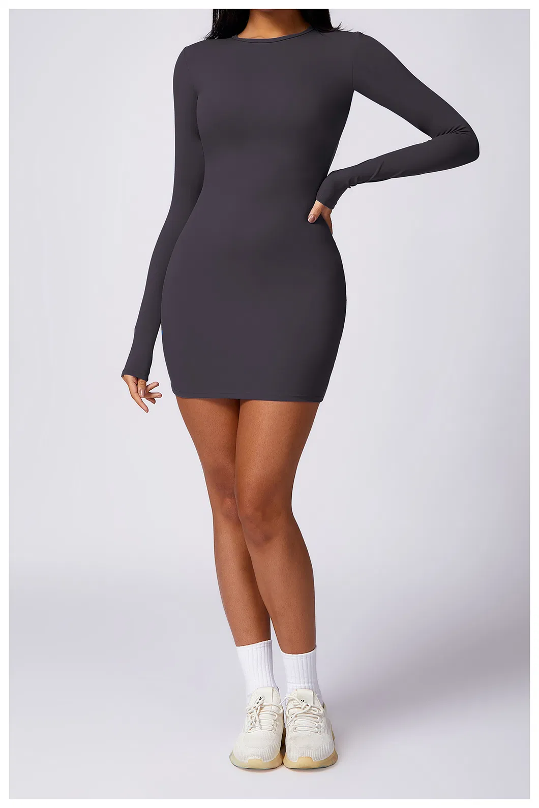 Vestido mini casual de manga longa com decote redondo para mulheres
