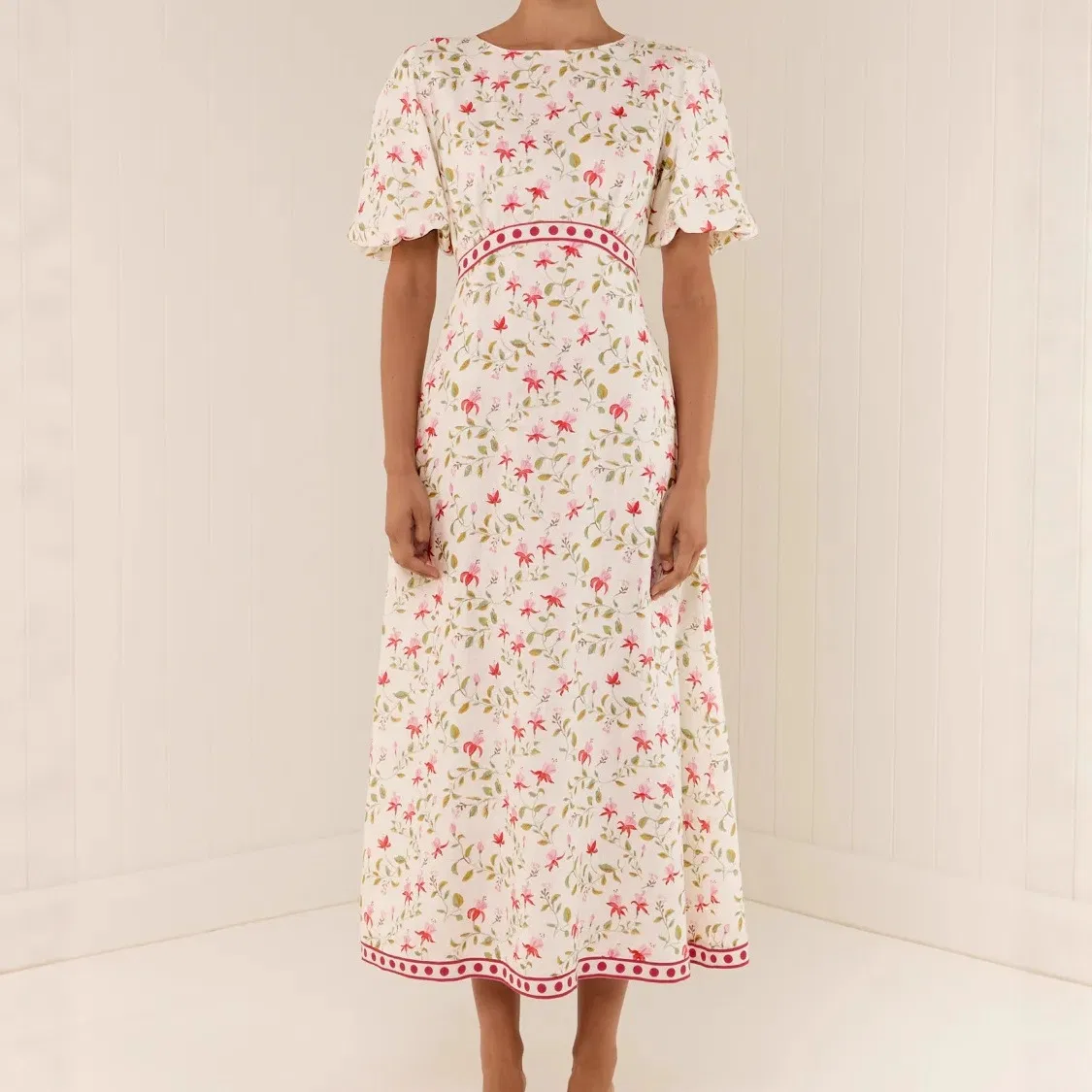 Vestido MIDI de Linho com Mistura para Mulheres, Decote Redondo, Manga Bufante, Estampa Floral com Acabamento em Contraste, Vestido Casual de Verão