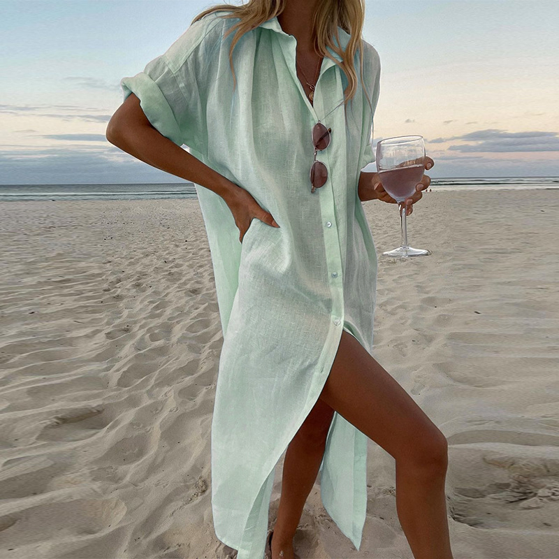 Camisa de algodão casual de manga curta, estilo de praia de verão, cor sólida, comprimento da moda, vestido feminino de alta qualidade
