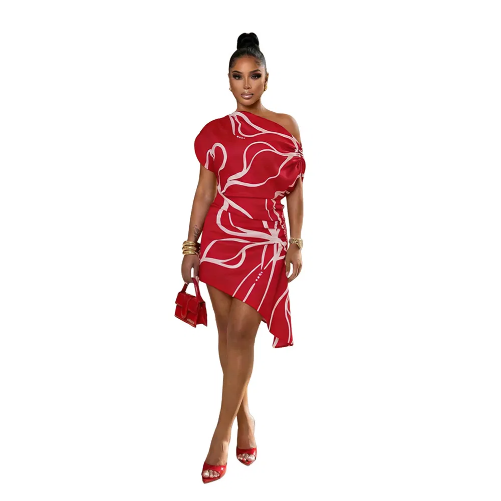 Vestido Irregular de Manga Curta Off-Shoulder por Atacado, Estampa Digital Fashion, Estilo Casual de Verão