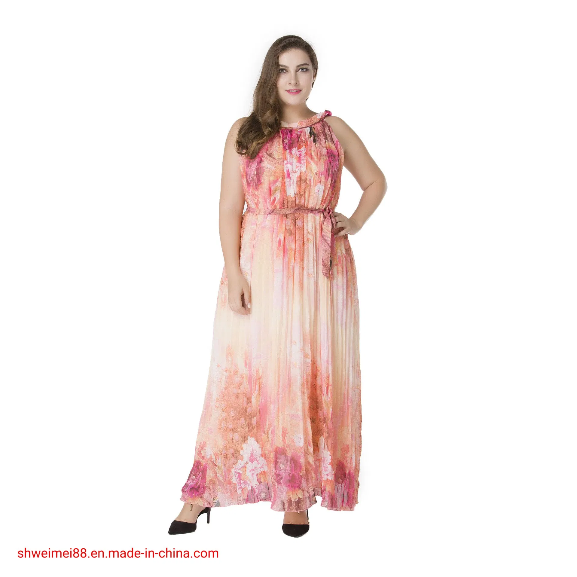 2020 Vestido Maxi Longo Casual Boho Sem Mangas em Chiffon com Estampa Floral para Mulheres Plus Size