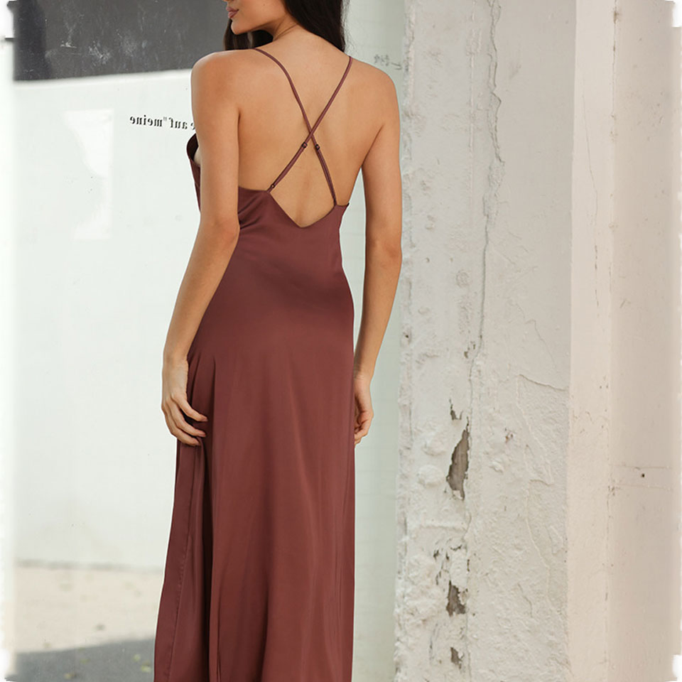 Vestido Casual Feminino Sem Mangas de Alta Qualidade Personalizado, Decote em V, Alça Fina, Midi, Vestido Slip Preto por Atacado para Mulheres