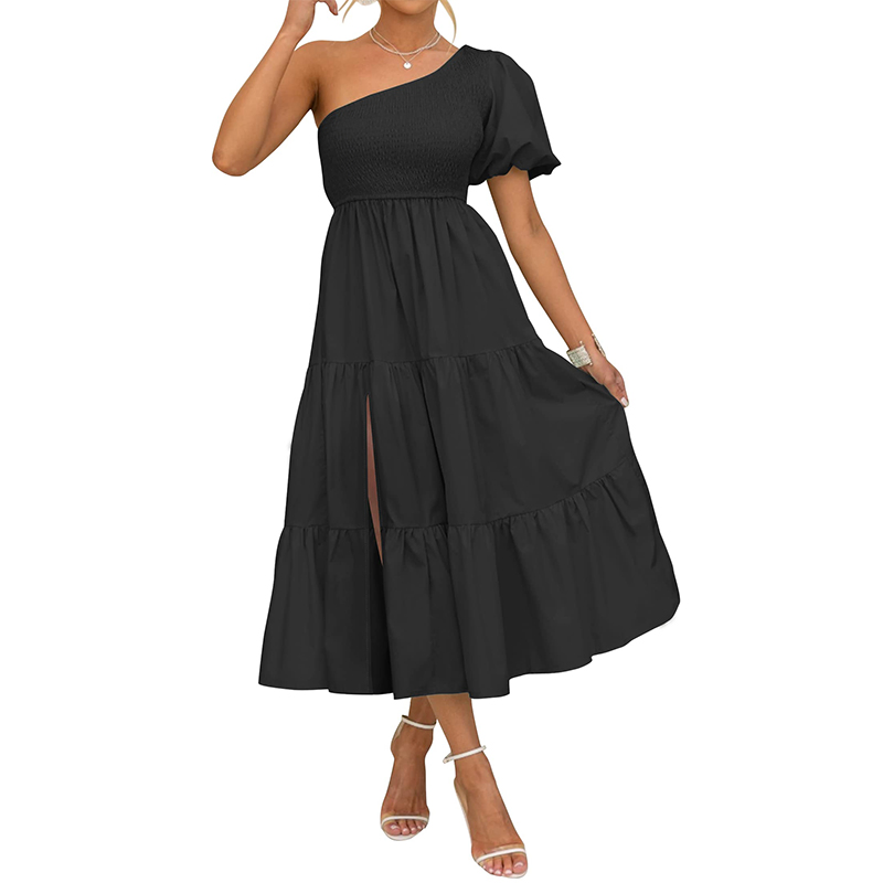 Novo Vestido Casual de Verão Boho para Mulheres, Um Ombro, Manga Curta, Com Pregas, Fenda Lateral, Renda, Estilo Solto