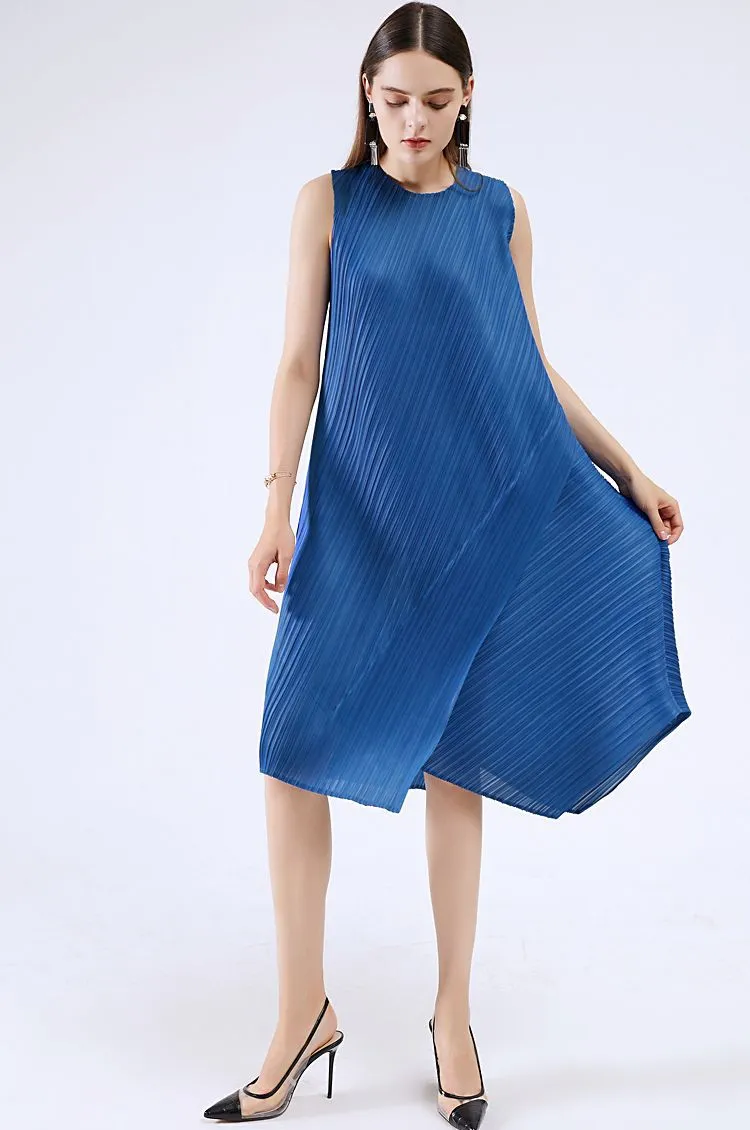 Vestidos Casuais de Verão Femininos Novos Sem Mangas em Cores Sólidas Soltos e Fashionáveis