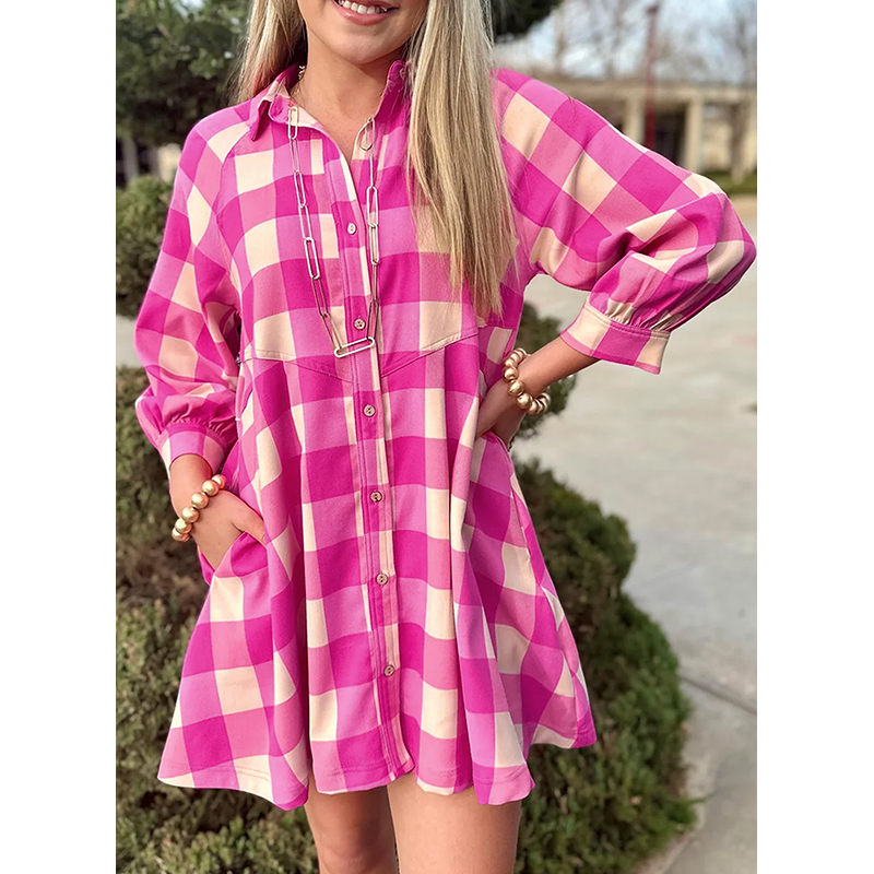 Caro Amante Moda Atacado Camisa de Manga Bracelete com Gola Xadrez Vestidos Mini Flare para Mulheres Casual