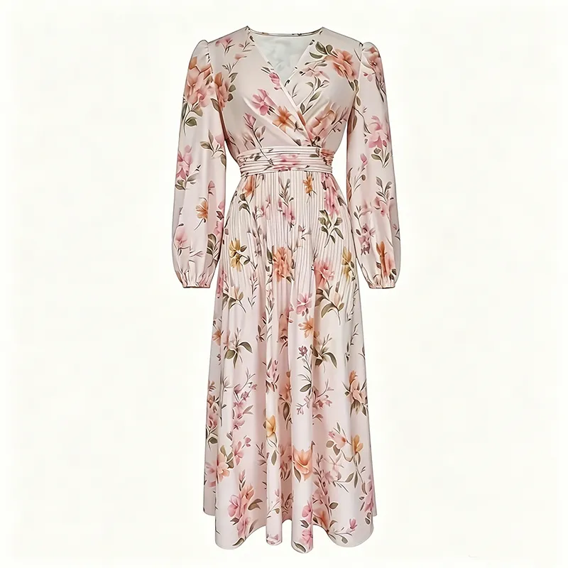 Vestido Midi Chiffon com Estampa Floral, Manga Longa, Decote em V, Cintura Reunida, A Linha, Casual, para Escritório, Convidada de Casamento, Vestido de Verão