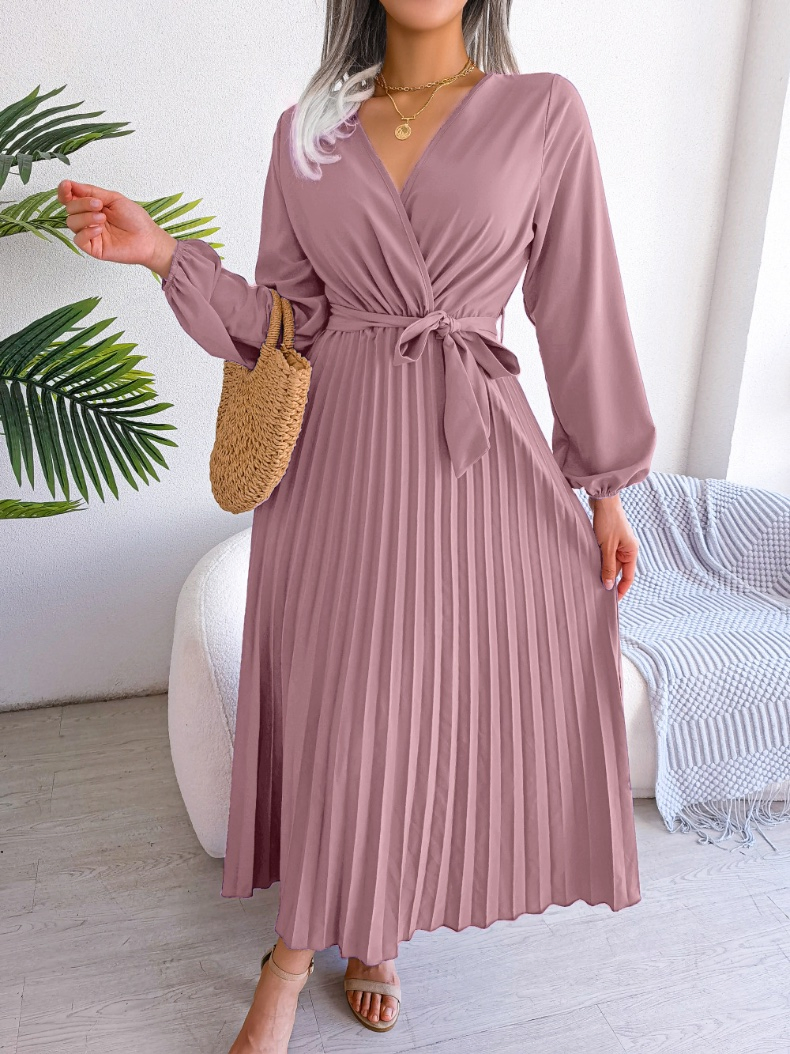 Novo Vestido Feminino de Manga Longa com Decote em V, com Cinto Amarrado e Plissado em Cor Sólida para Roupas Casuais Elegantes, Mercado de Moda da Europa, França e Itália