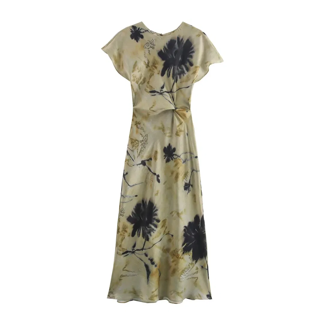 Vestido de Seda com Estampa Floral Elegante para Mulheres, Estilo Casual de Manga Curta